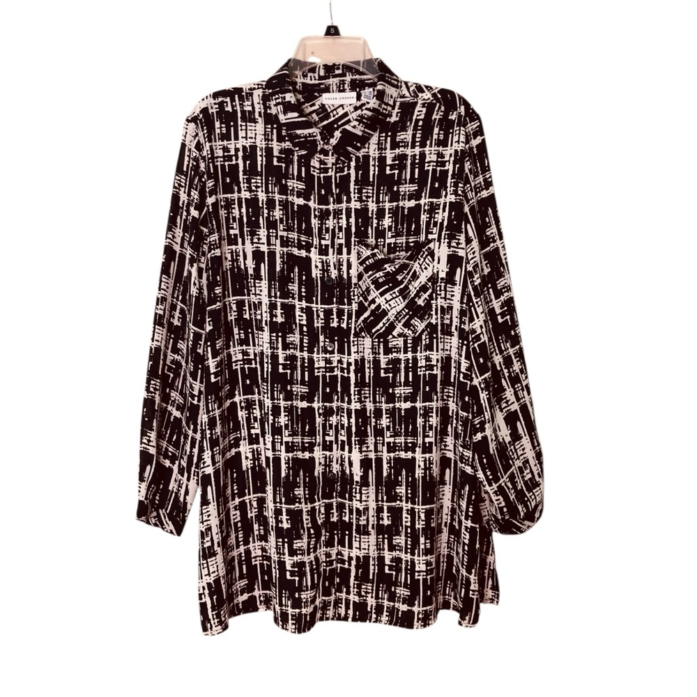 Susan Graver Black & Cream Button Down Blouse Artsy Geometric‎ (Size 20W)